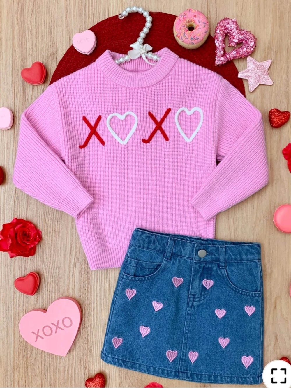 Mia Belle Girls Toddler Valentine Heart Wrap Skirt Skort Denim Sweater Pink 3T